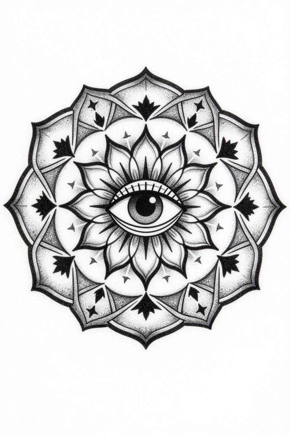 spiritual tattoo mandala, blackwork dotwork style, lotus petal concentric rings, central eye motif radiating geometric lines, crescent moon and star outer ring, stipple dot gradient center to open edge