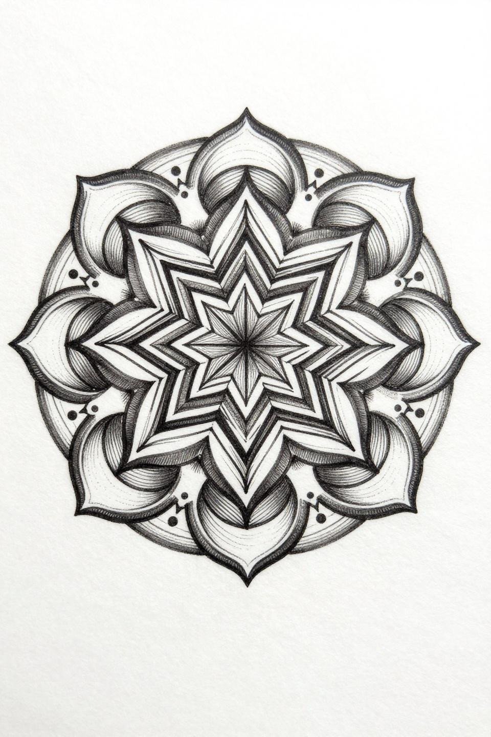 dot work mandala tattoo, etching woodcut style, nine-pointed star core, parallel line hatching rings, negative space petal geometry, crescent moon dot terminal perimeter, nine-fold symmetry