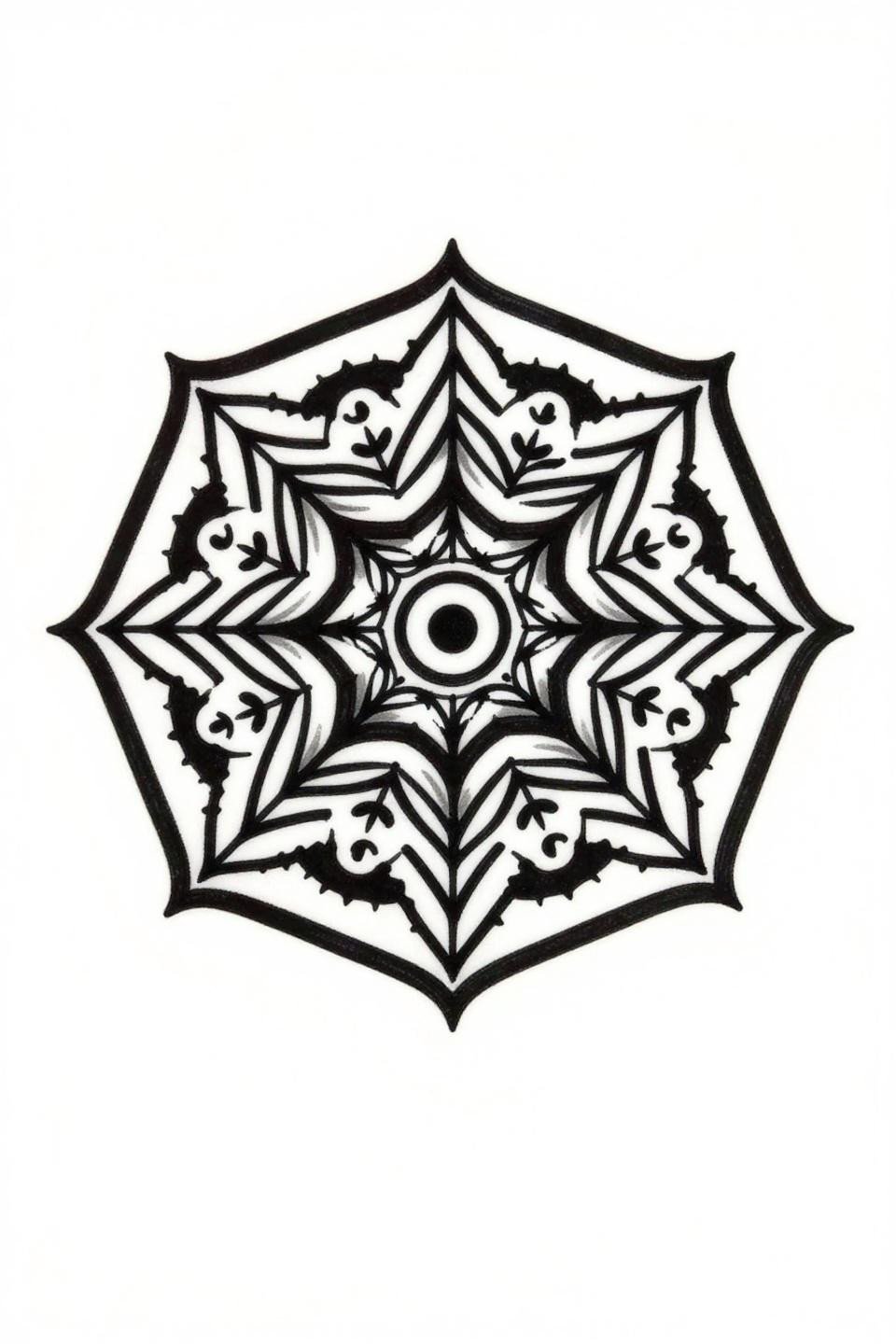 ornamental tattoo design, Japanese irezumi style mandala, octagonal star center, eight nested rings alternating botanical vine spirals and sawtooth geometry, crescent teardrop perimeter, bold black fills no grey wash