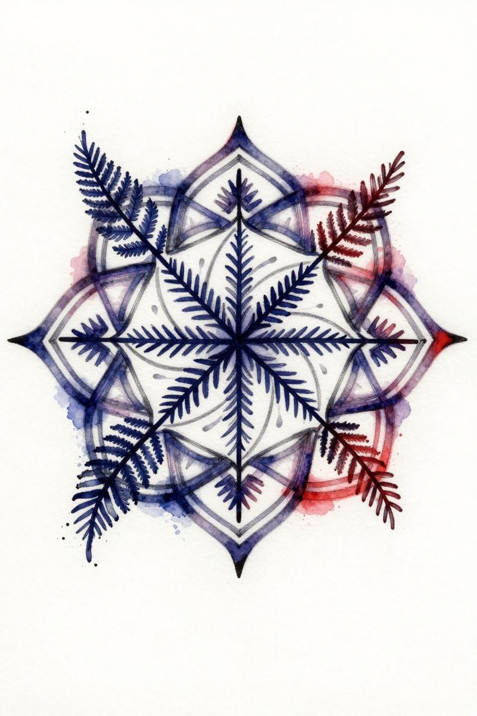geometric mandala tattoo, watercolor splash style, twelve-fold symmetry, botanical fern frond and chevron alternating rings, indigo and crimson wash bleed, calligraphic brush marks on black ink skeleton