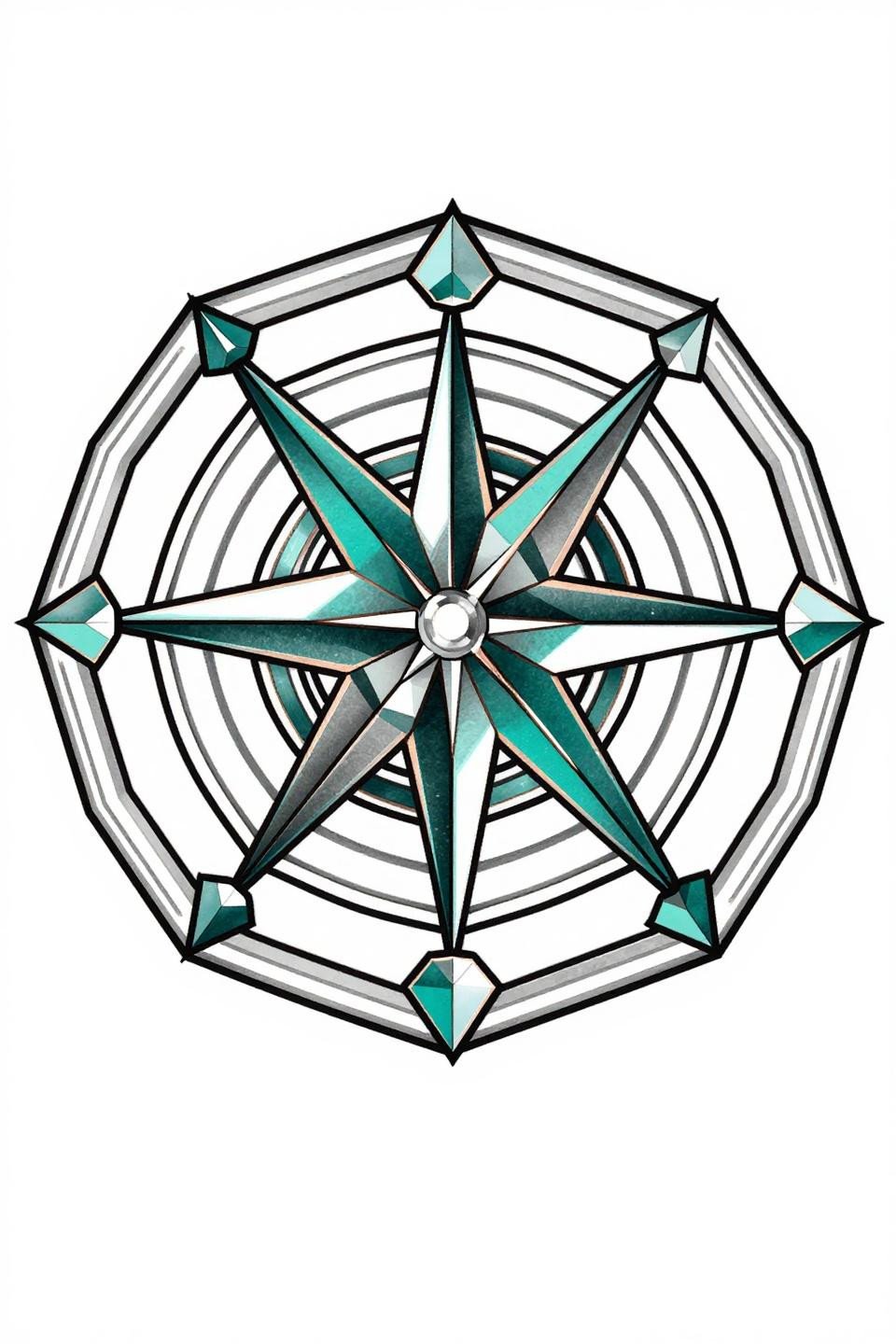 geometric mandala tattoo flash, isometric cube lattice hexagonal rings, prismatic crystalline core, geometric star burst terminals, teal and copper fills, six-fold rotational symmetry