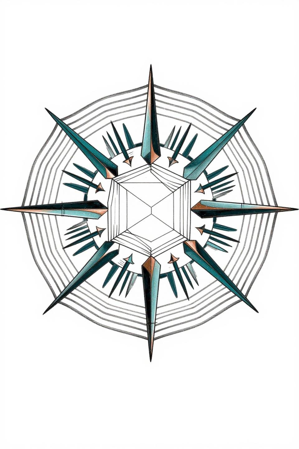 dot work mandala tattoo flash, clean vector geometric style, isometric nested cube rings, hollow central chamber, deep teal and copper fills, four-fold rotational symmetry