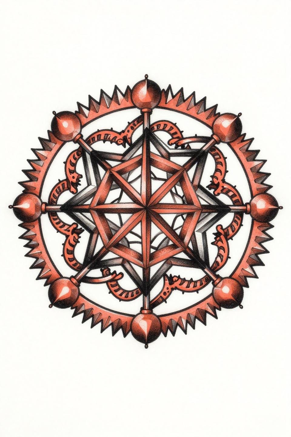 geometric tattoo pattern mandala, surrealist style, icosahedron core with polyhedron face rings, spiral tunnel alternating rings, coral and charcoal flat fills, bold outlines