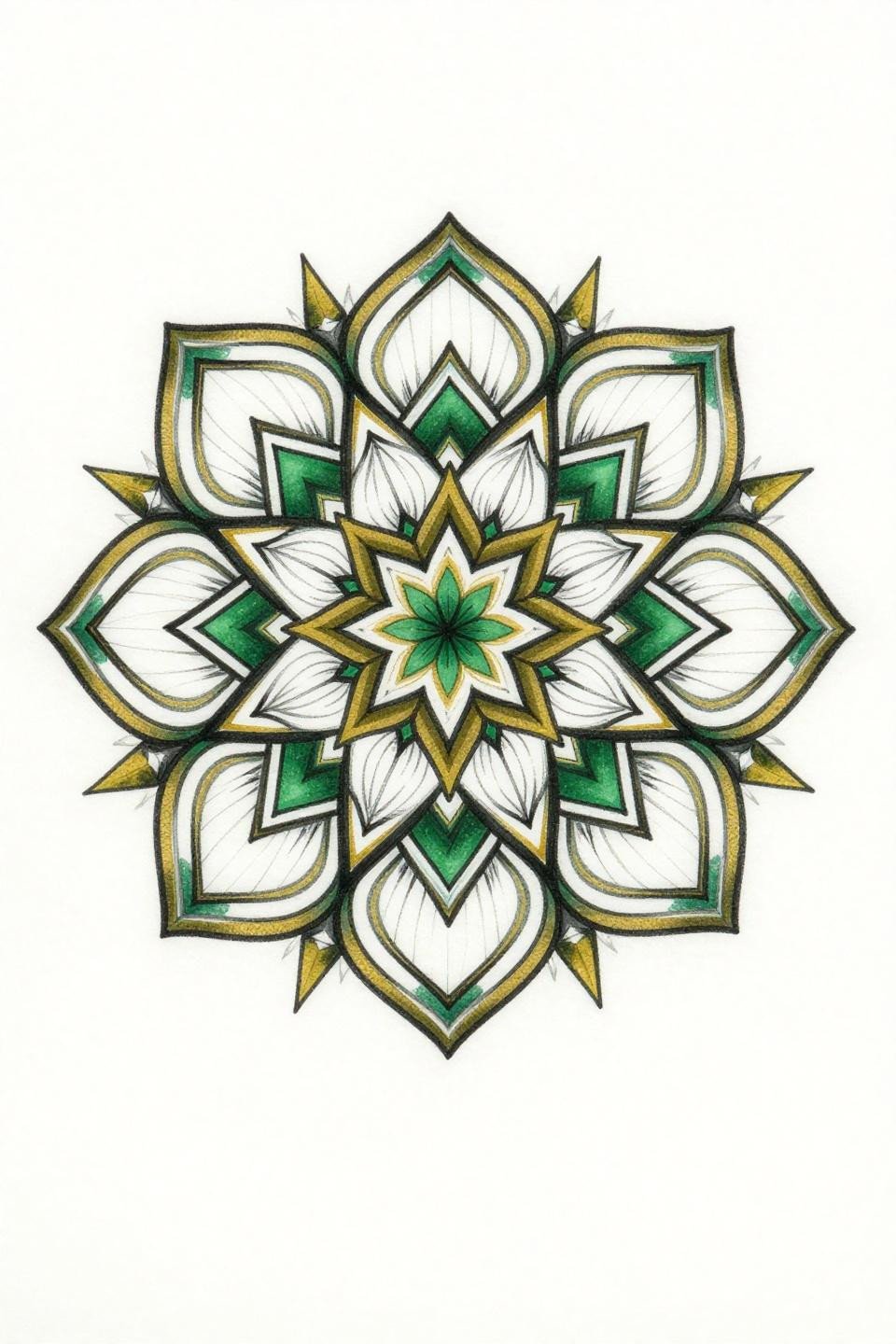 mandala tattoo drawing, botanical scientific style, five-fold rotational symmetry, lotus petal rings with fine vein detail, forest green and gold flat color fills