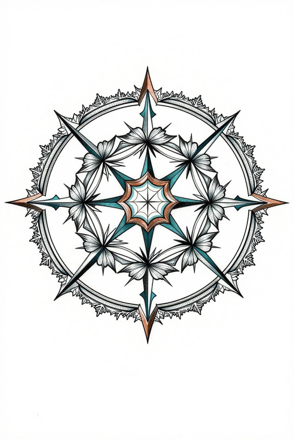 mandala art tattoo, Art Nouveau style, hexagonal star center with six-petal flower ring, triangular rays, branching frost crystal line perimeter, deep teal and copper accent fills, compass drafted geometry