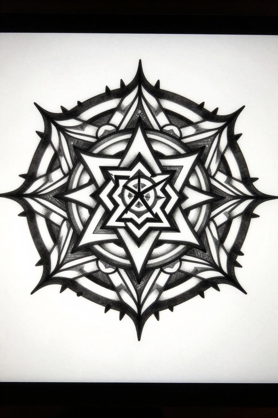 mandela tattoo design, tribal geometric style, Sri Yantra interlocking triangle core, nine ring angular scale and petal geometry, bold protective angular spike perimeter, flat black fills no dotwork