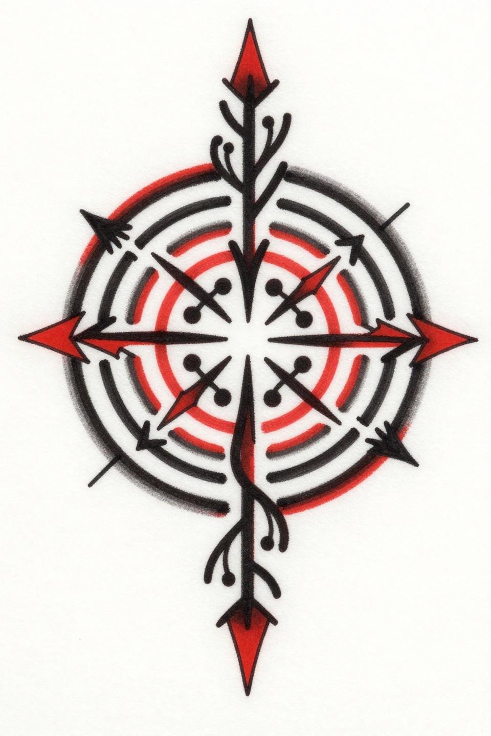half mandala tattoo flash, traditional American style, bold 2-3pt black outlines with crimson red accent fills, alternating chevron and vine rings, asymmetric organic perimeter