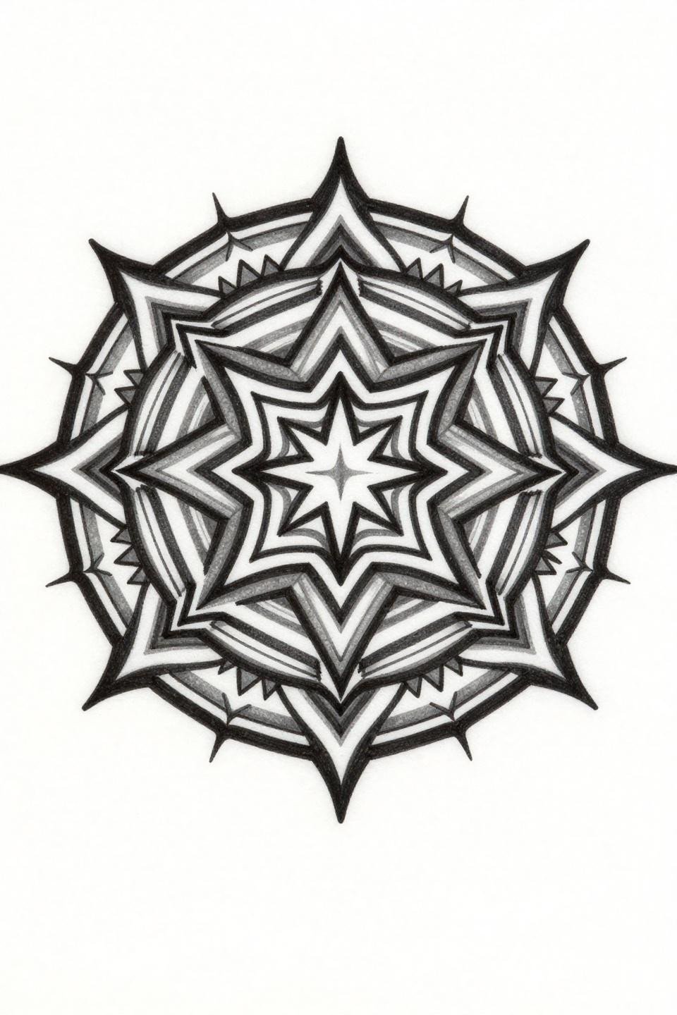 ornamental tattoo design mandala, Sak Yant sacred geometry style, interlocking scale rings, four-pointed central star, radiating spike crown perimeter, dense black ink with grey wash midtones