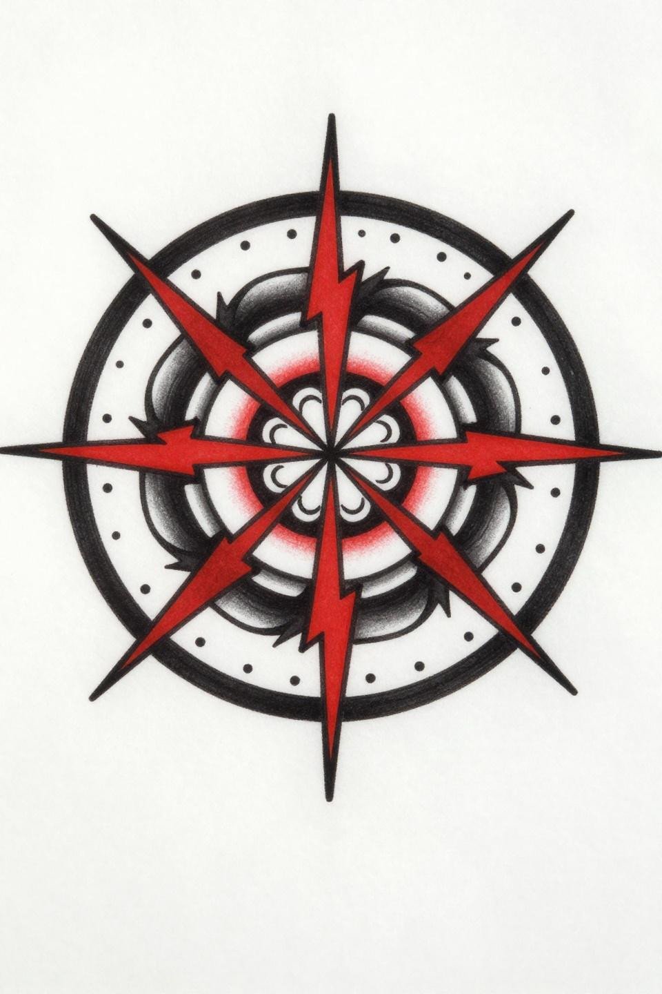 mandela tattoo design, trash polka style, chevron lightning bolt concentric rings, spiral vortex alternating layers, angular shield perimeter, crimson red on solid black ink, four-fold symmetry