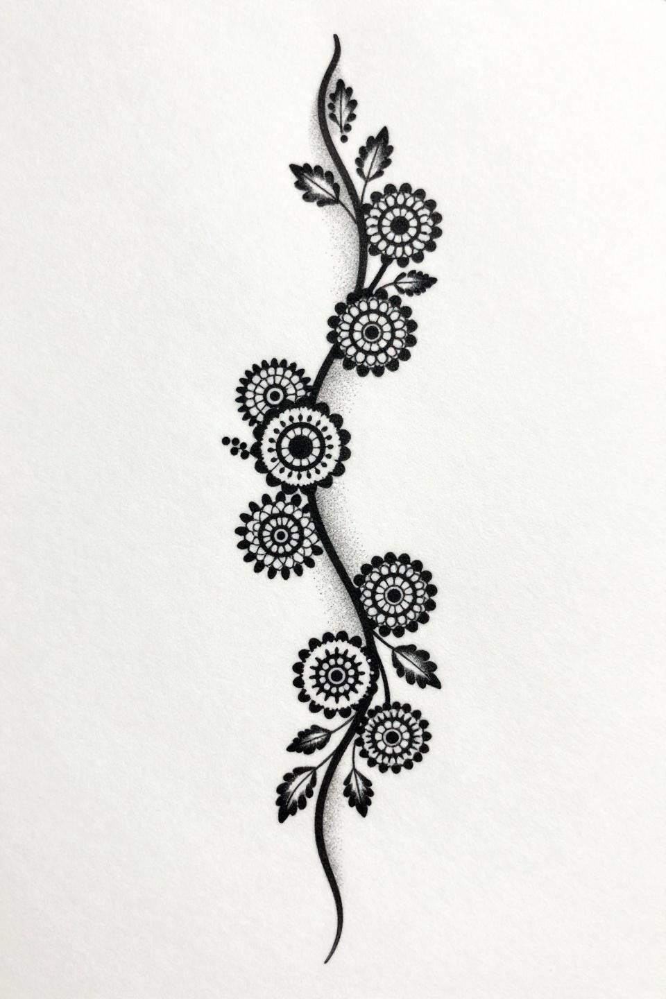 trending mehandi designs blackwork dotwork style, dual vine branches with four circular mandala nodes, stipple dot gradient, dense at centers open at tendrils, grey wash midtones