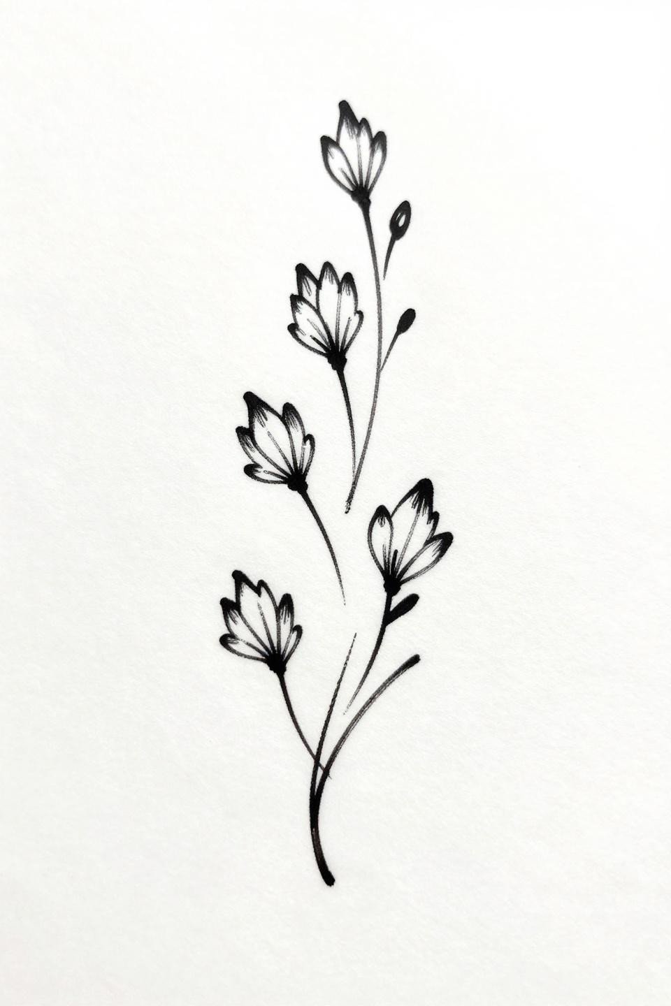 very simple mehndi designs single continuous line style, three asymmetric stem curves with flower bud tips, variable pressure calligraphic strokes, zero fills, wet ink quality