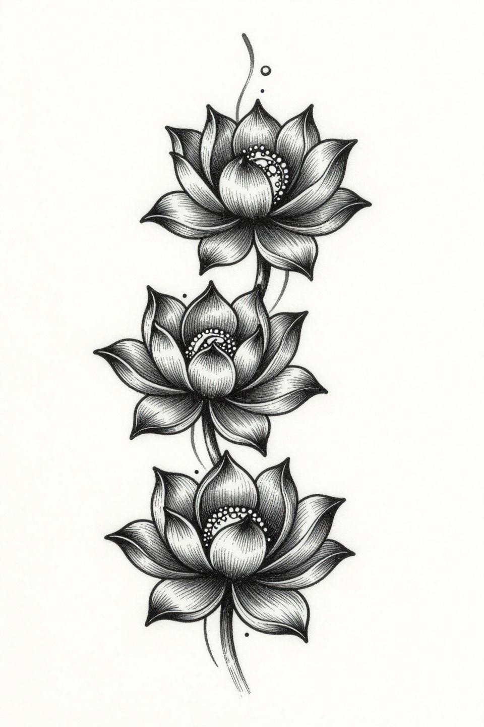 simple henna designs etching woodcut style, three spiral curves with five-petal lotus bud tips, crosshatch shadow fills at junctions, fine hatched parallel lines, dense black ink