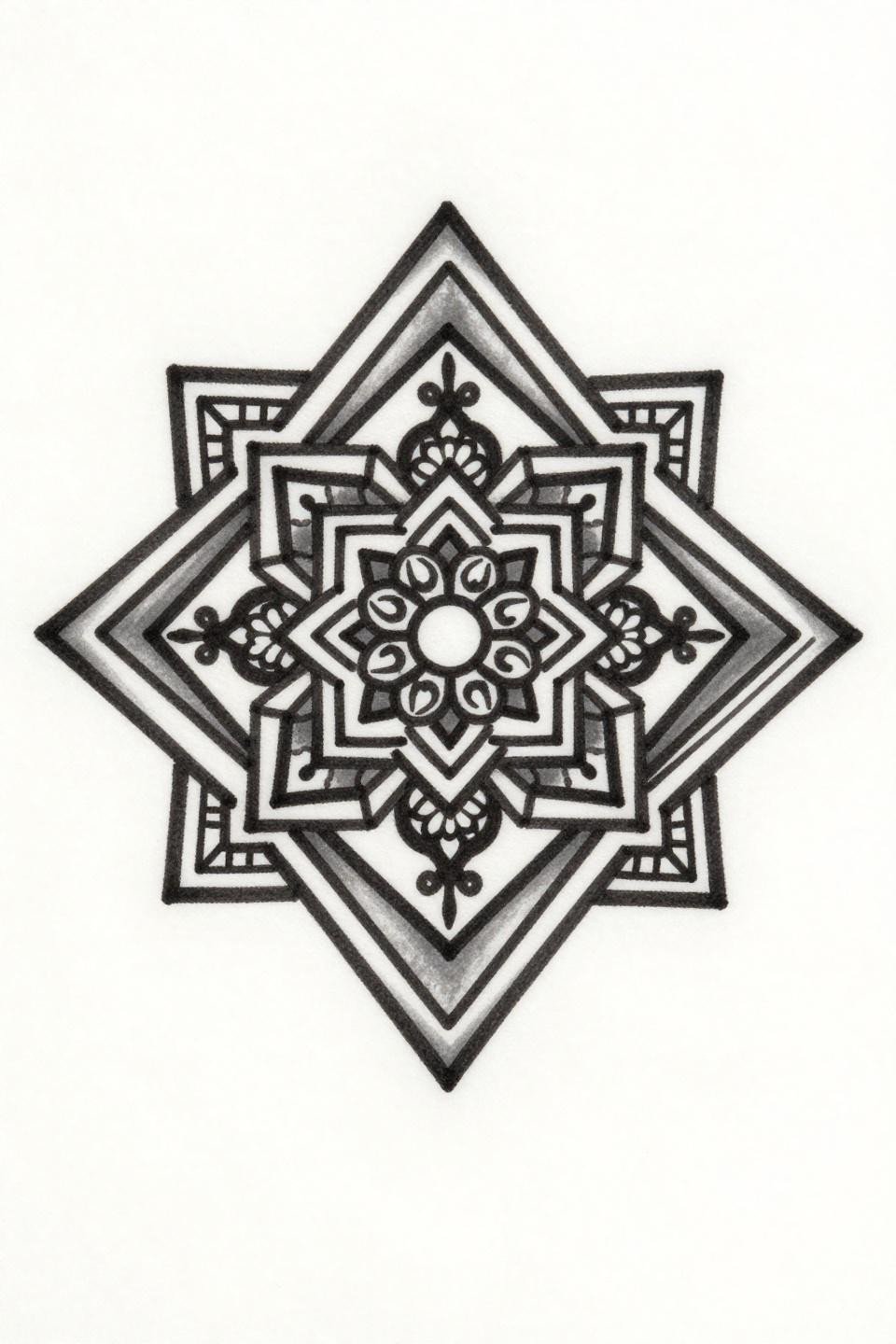 aesthetic mehendi designs art nouveau style, nested triangular frames with central circular mandala, interlocking chevron borders, floral corner clusters, bold 2-3pt outlines flat fills