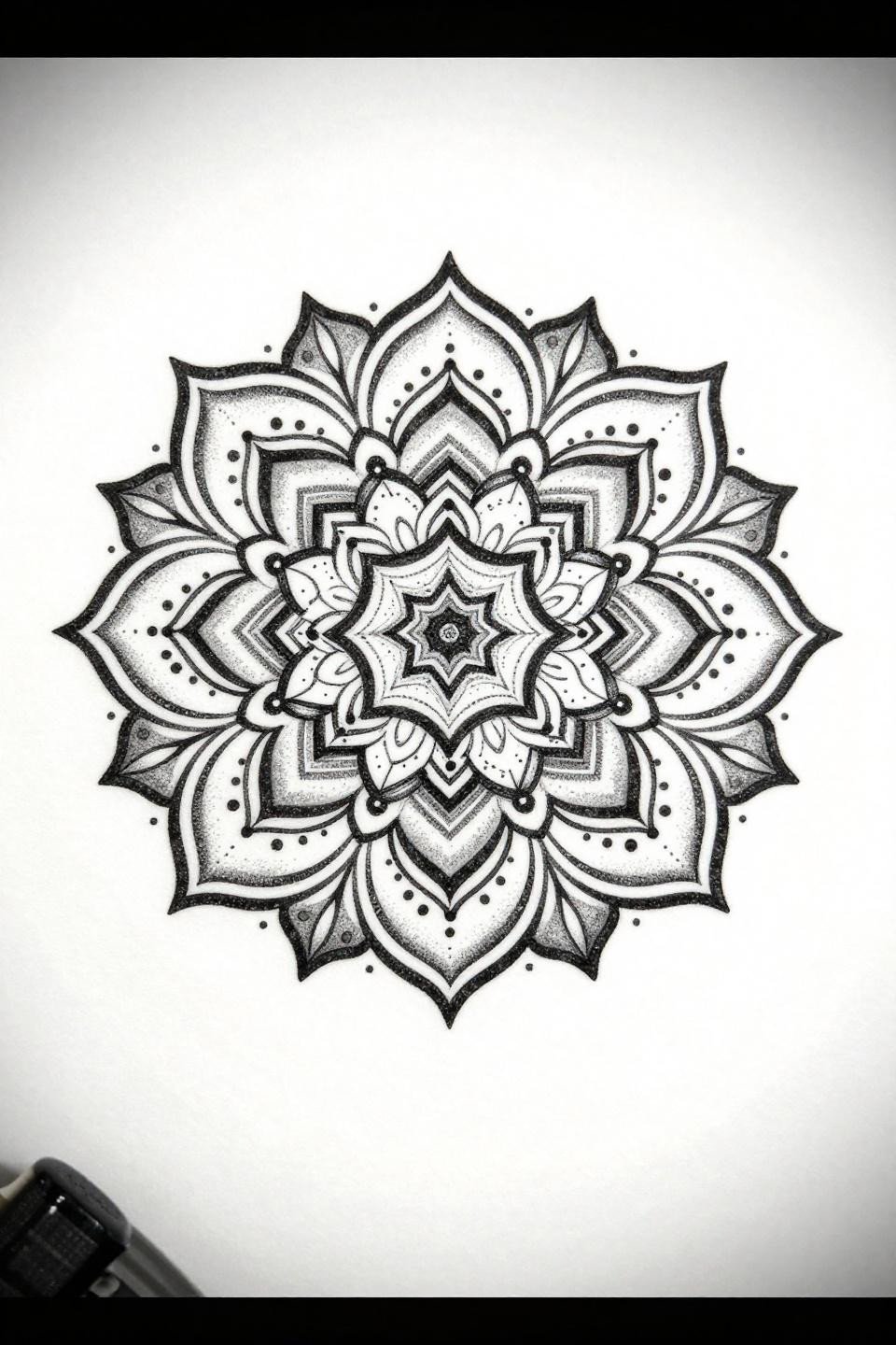 back hand mehndi designs simple stipple dotwork, concentric teardrop petal layers, central hexagonal star, radiating fine line rays, dot clusters between layers, grey wash dilution