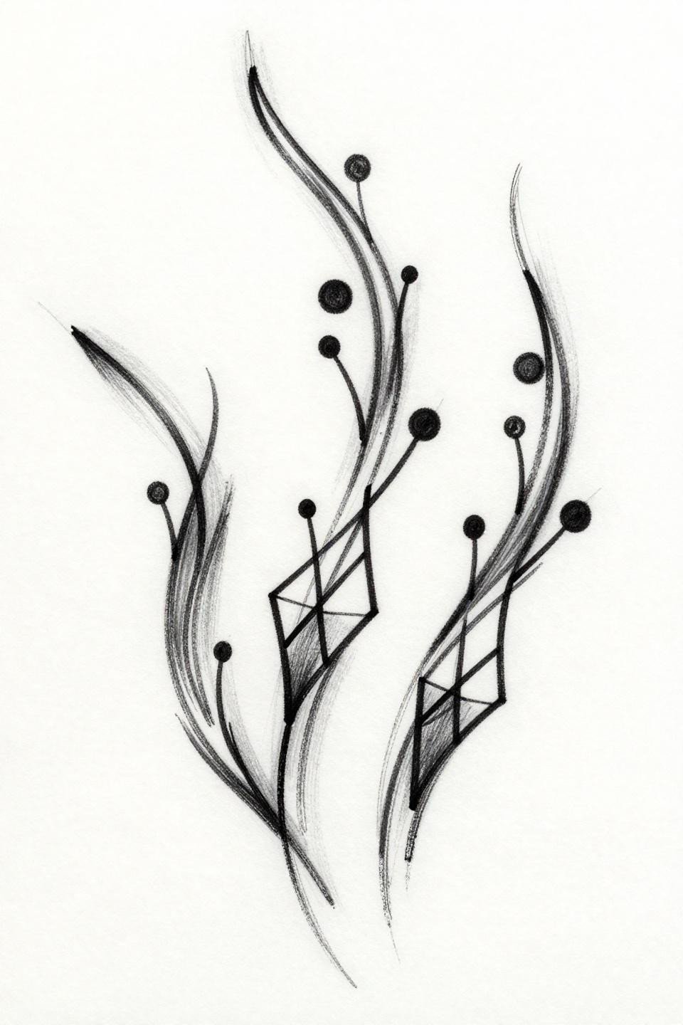 minimal mehendi designs for hands flash, three ascending curved vines with diamond negative spaces, bold 2pt black outlines, sparse teardrop accents, sketch style