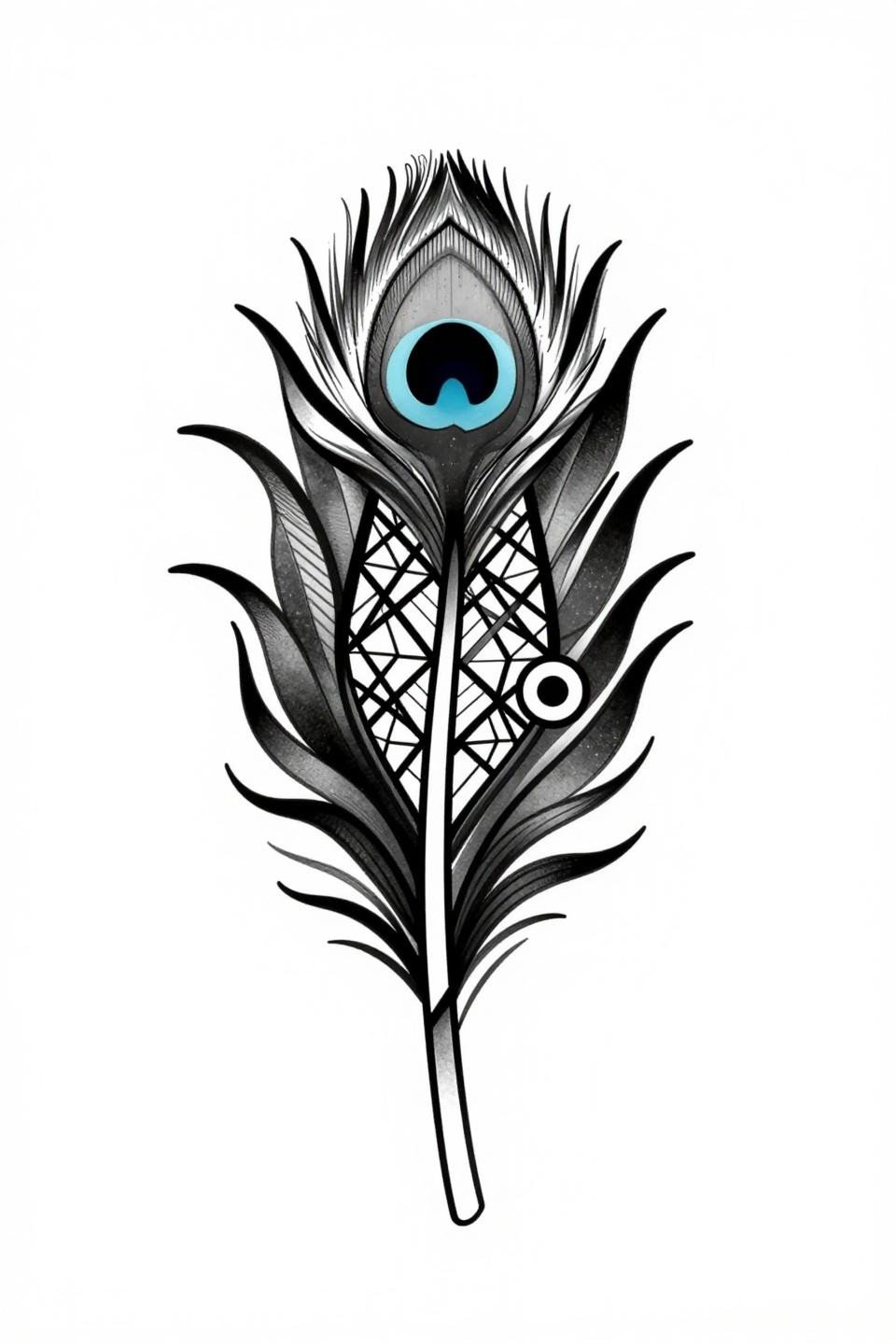 mehndi art designs simple art deco style, peacock feather curved spine, layered arc segments, geometric diamond lattice infill, circular eye motif, flat solid black fields no grey wash