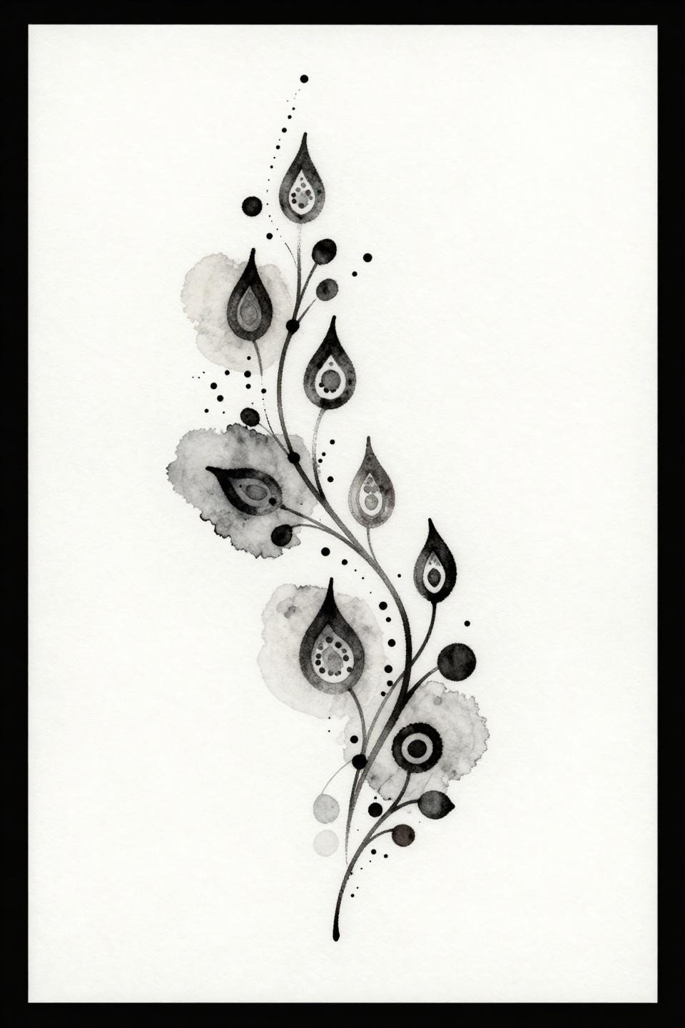 latest simple mehndi designs watercolor splash style, dual ascending vine branches, calligraphic brush marks, grey wash dilution midtones, organic splatter on white paper