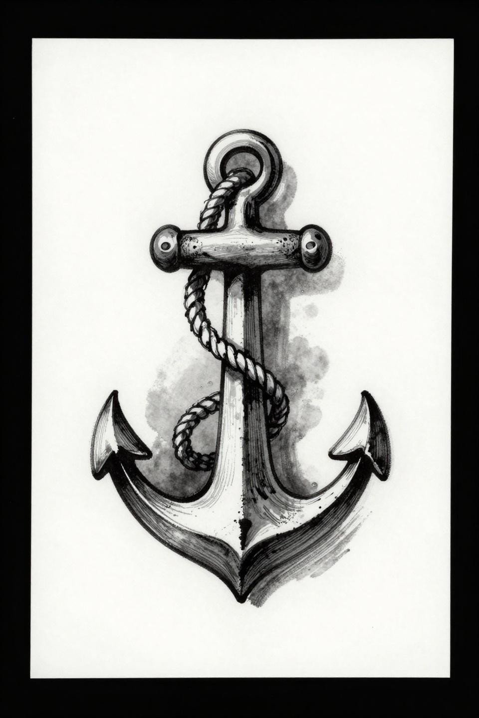 mini tattoo art nouveau anchor flash, delicate rope coiling around shank, fluke tips curving upward, calligraphic brush ink marks, expressive tapered strokes, grey wash midtones on white paper