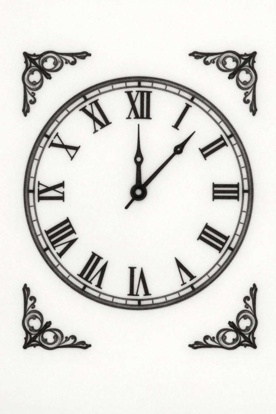 mini tattoo micro realism clock face flash, Roman numeral XII, ornate filigree corner flourishes, hairline 0.5mm single-needle strokes, open negative space on white paper