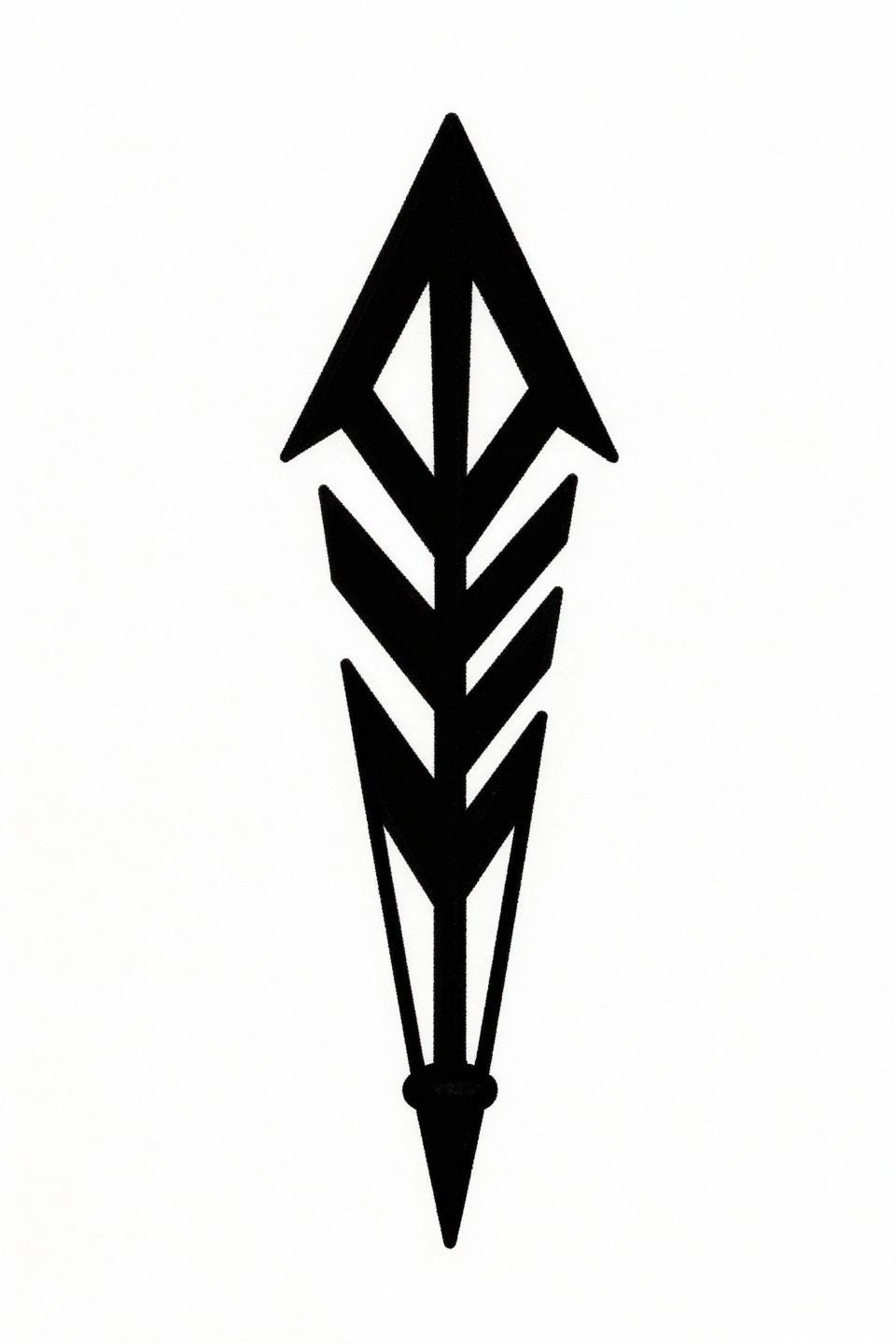 mini tattoo clean vector geometric arrow flash, feathered tail split into three stacked chevron segments, bold 2pt black outlines, flat black ink fills, zero wash on white paper