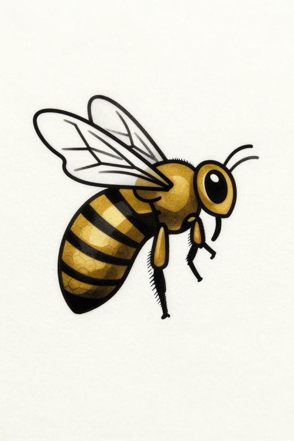 mini tattoo art deco bee flash, geometric motion lines mid-beat wings, hexagonal abdomen pattern, bold 2-3pt black outlines, flat gold and solid black ink only on white paper
