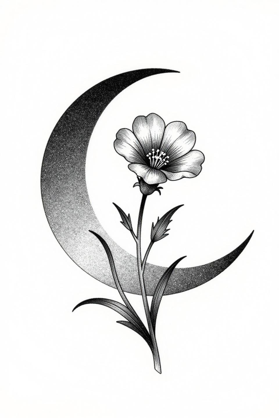 mini tattoo botanical scientific dotwork moon and wildflower flash, stipple dot gradient dense at form centers, asymmetric organic flow, no solid outlines, five-petal bloom on white paper