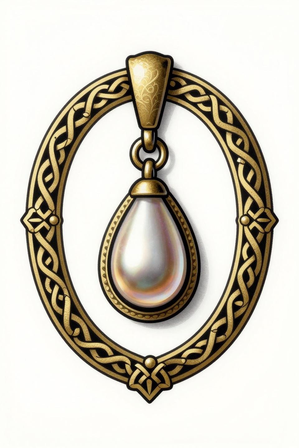 mini tattoo Celtic knotwork locket pendant flash, interlaced knot border frame, bilateral symmetry, bold 2-3pt black outlines, flat gold fills, teardrop pearl drop on white paper
