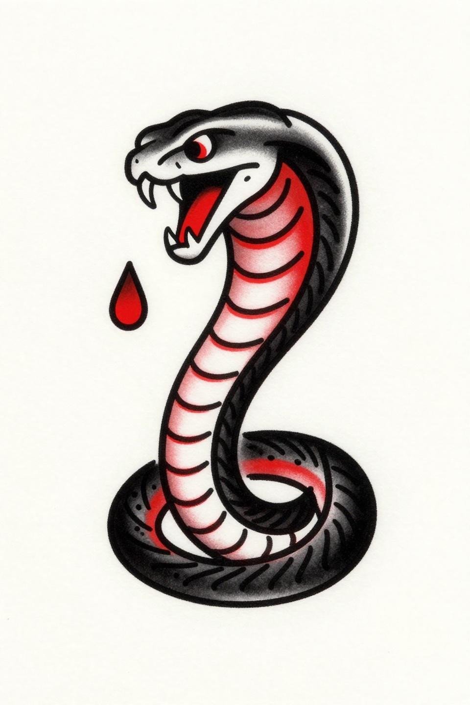 mini tattoo traditional American hooded cobra flash, bold 2-3pt black outlines, flat crimson red fill, forward-facing fangs, circular coiled tail frame, centered composition on white paper
