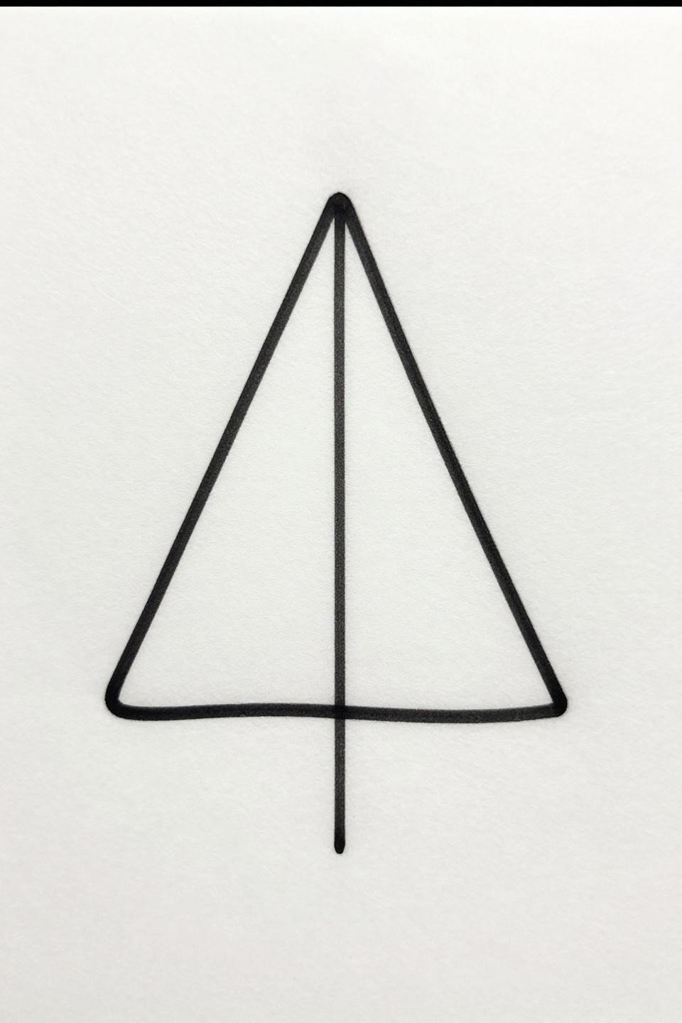 mini tattoo continuous single line triangle compass flash, unbroken flowing black line equilateral triangle, upward compass needle interior, hairline 0.5mm single-needle continuous stroke, no fill on white paper