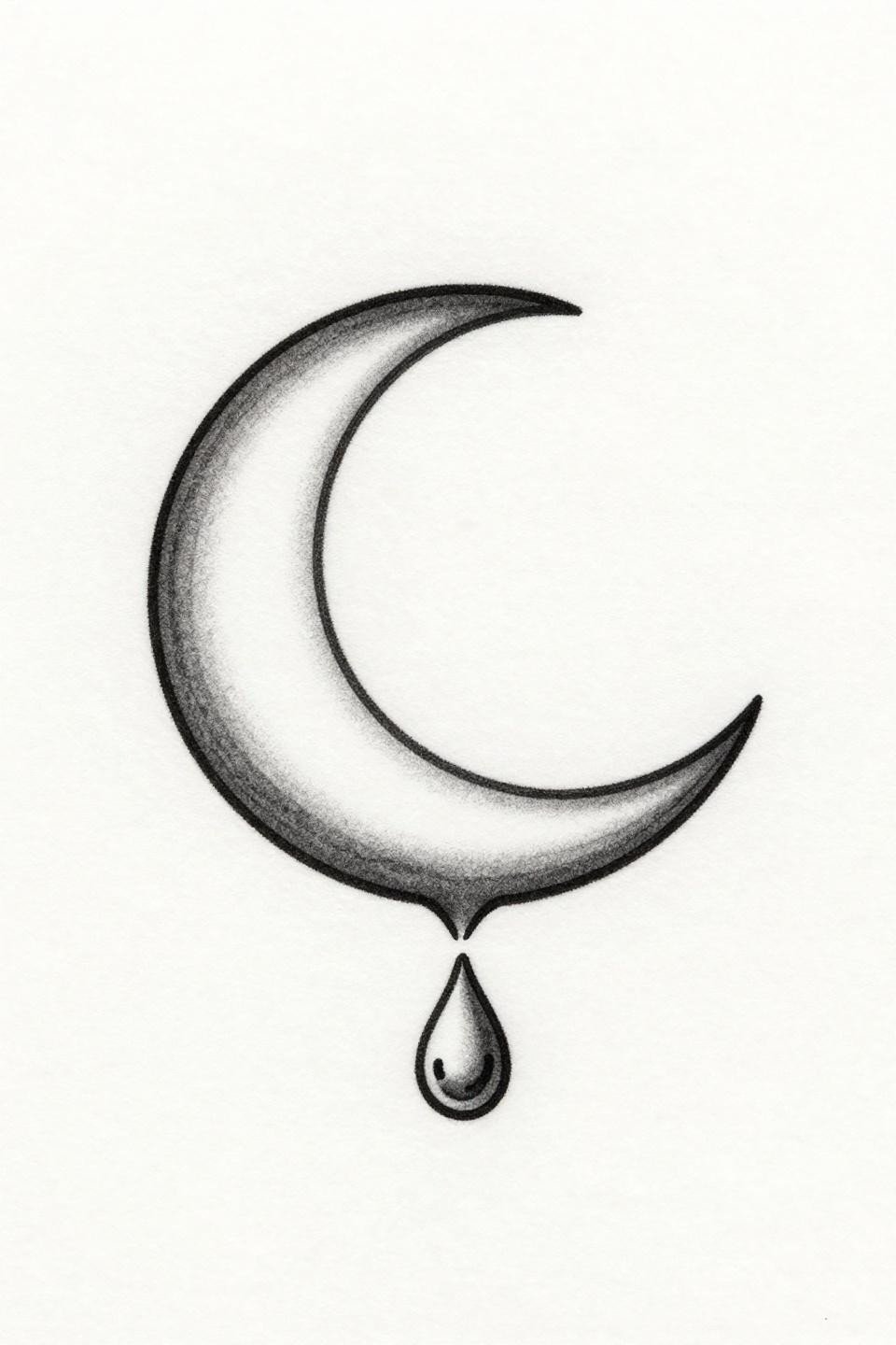 mini tattoo fine line minimal crescent moon flash, single dewdrop suspended from lower curve tip, hairline 0.5mm single-needle strokes, weight variation at dewdrop base, off-center composition on white paper