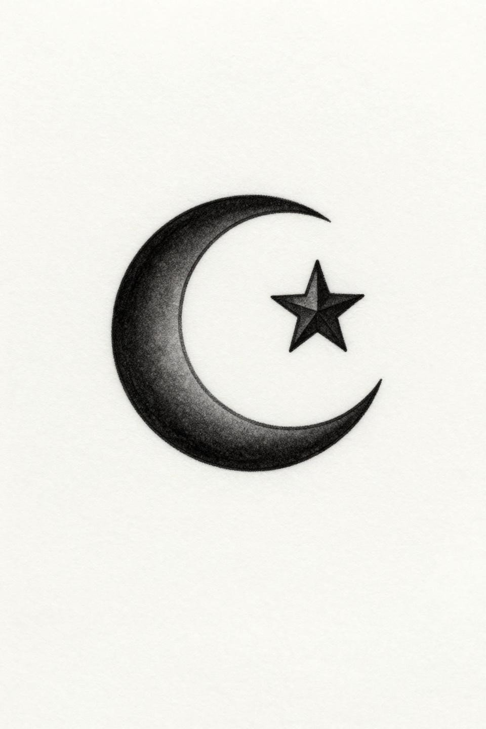 mini tattoo fine line minimal crescent moon and five-pointed star flash, off-center star placement, hairline 0.5mm single-needle strokes, tapered moon tips, open surrounding negative space on white paper
