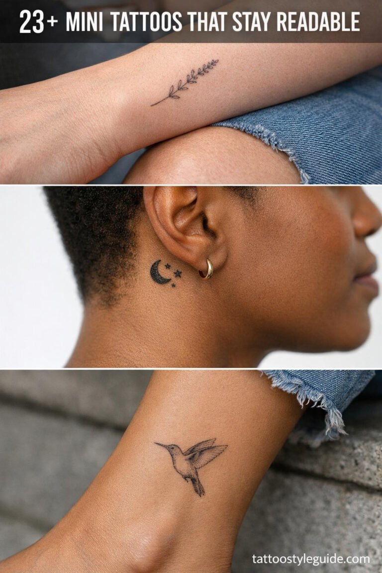 Mini tattoos collage: fine line botanical wrist, blackwork geometric ear, single-needle hummingbird ankle, multiple skin tones, 0.5mm detail