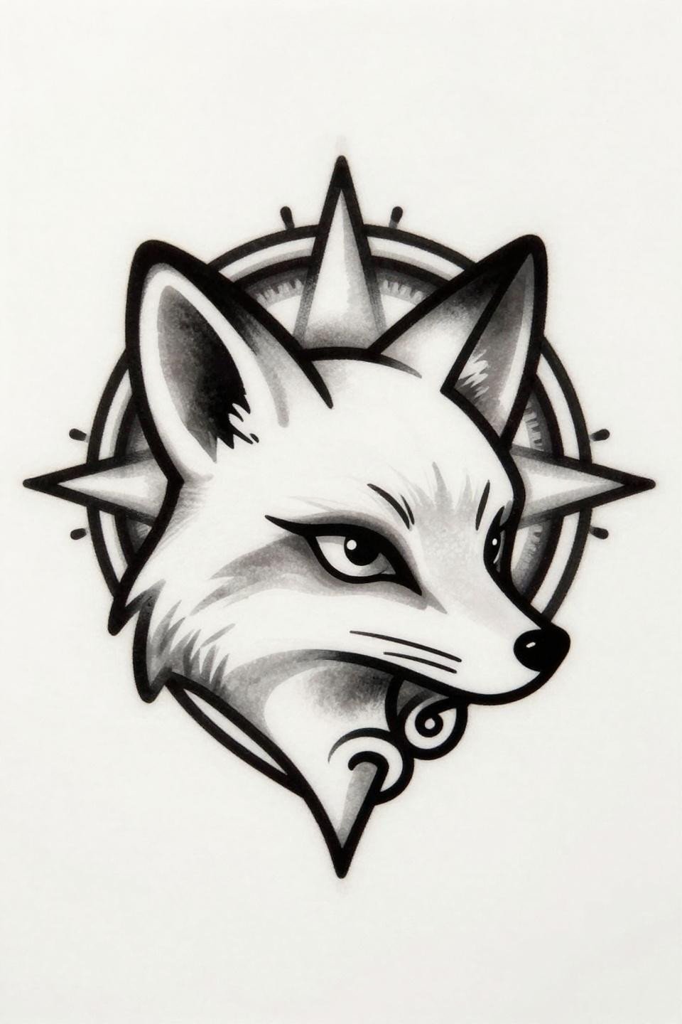 mini tattoo Sak Yant style fox head flash, ceremonial spiral crown geometry, bold 2-3pt black outlines, flat ink fills, ritual mandala framing on white paper