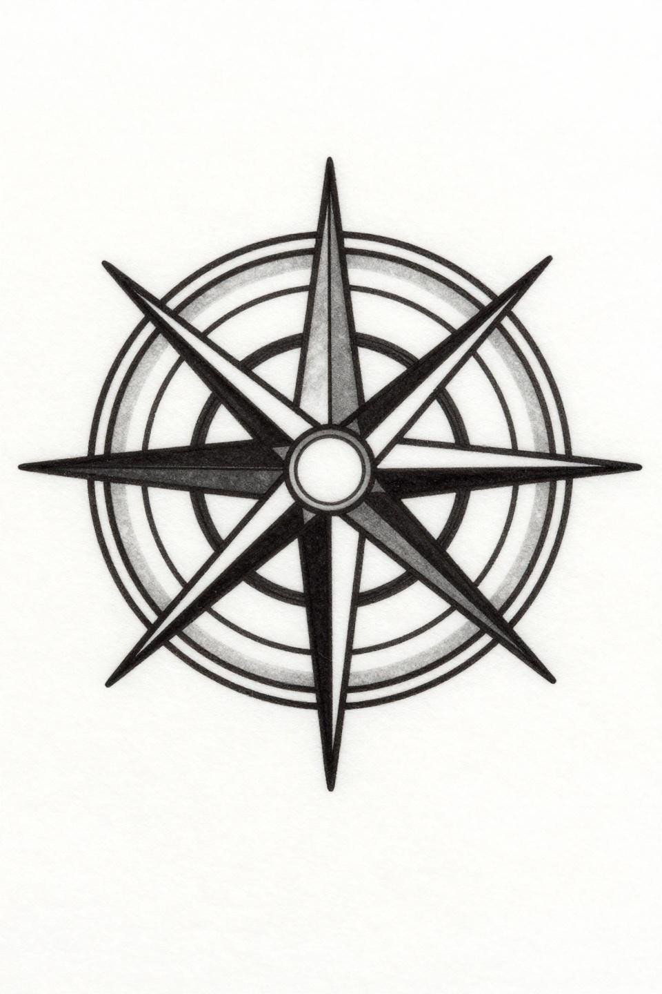 mini tattoo clean vector geometric compass rose flash, eight cardinal points, central North Star, bold 2-3pt uniform black outlines, flat solid fills, precise radiating star pattern on white paper