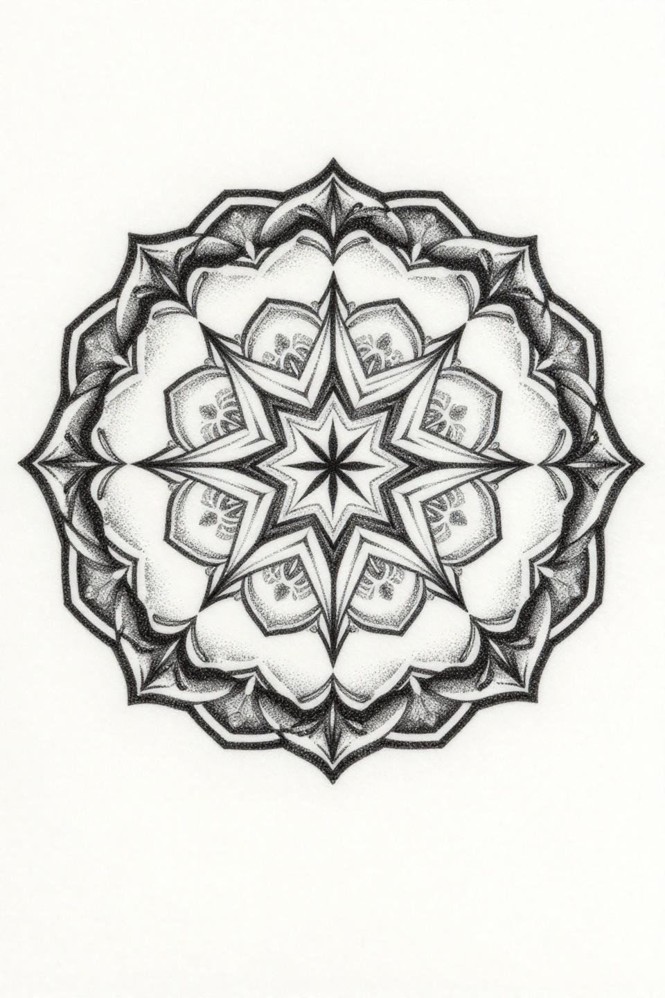 mini tattoo dotwork blackwork sacred mandala flash, concentric circles eight-point star core, stipple dot gradient dense at center to open at edges, no outlines, circular composition on white paper