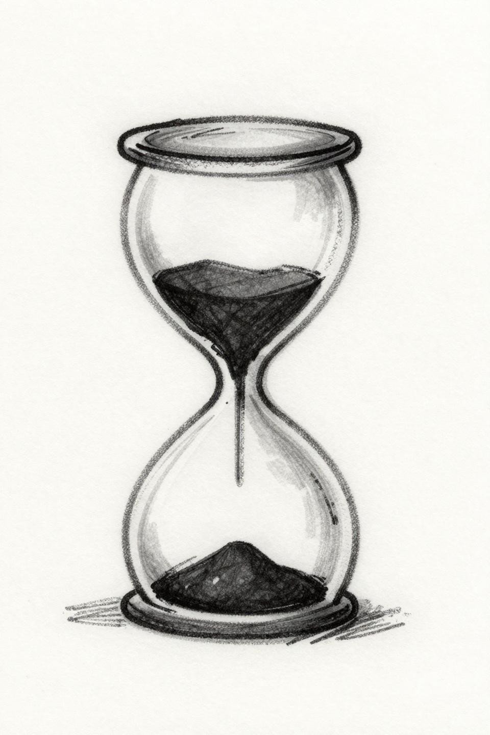 mini tattoo sketch raw style hourglass flash, deliberate rough gestural outlines, bold 2-3pt sketched black lines, flat black ink fills, raw pencil texture edges on white paper