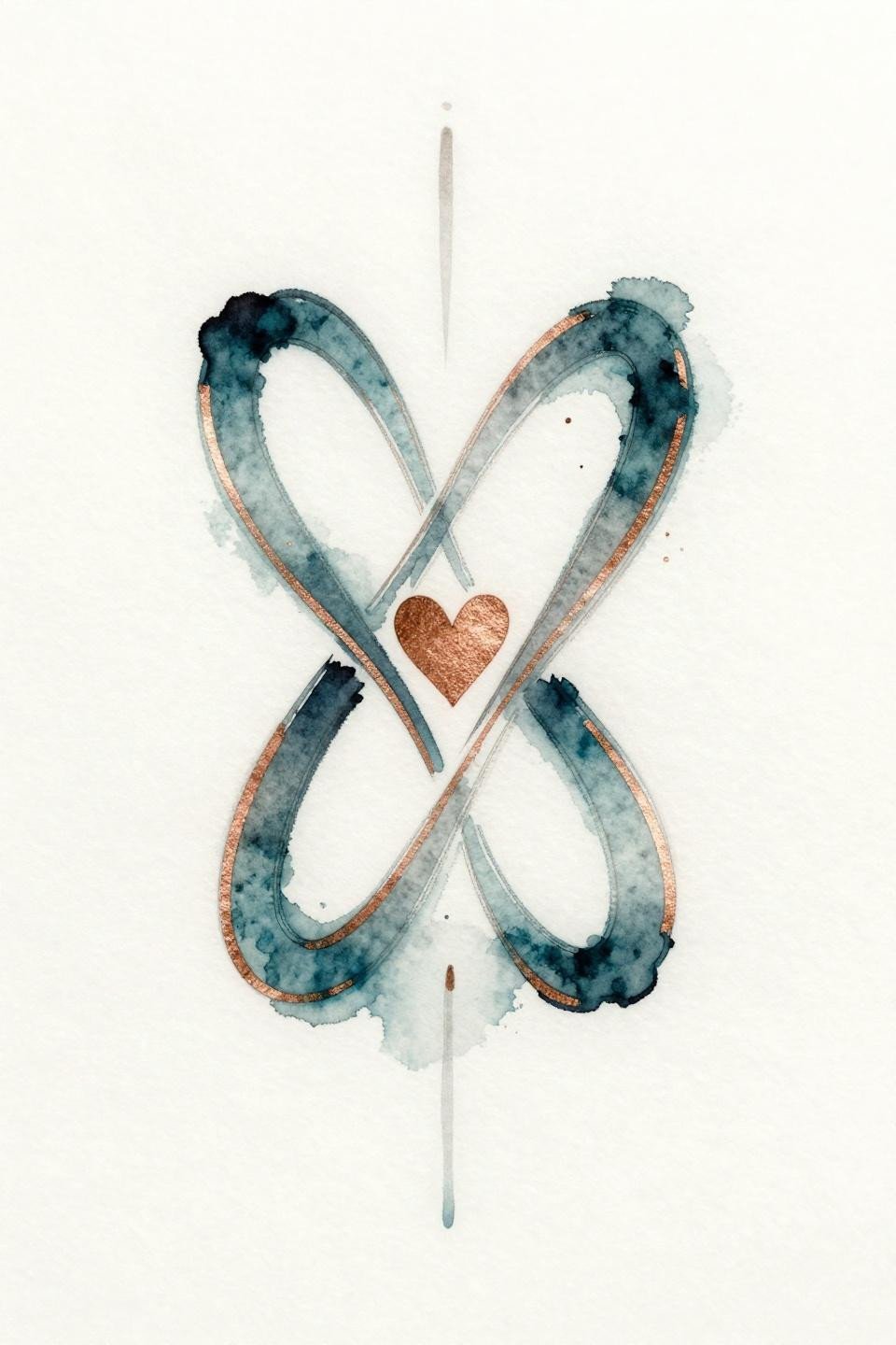 mini tattoo watercolor splash infinity heart flash, loose color bleeds diffusing outward, deep teal and copper metallic accent washes, calligraphic wet ink marks, bilateral symmetry on white paper