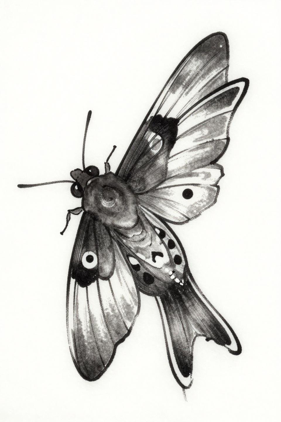 mini tattoo Japanese irezumi moth flash, bilateral wing fold, calligraphic brush ink marks, wet ink quality, grey wash midtones, circular eyespot lower wing on white paper