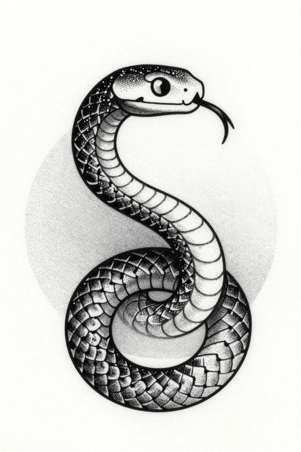 mini tattoo blackwork dotwork ouroboros serpent flash, stipple dot gradient densest at dorsal ridge, forked tongue, circular mandala composition, no outline strokes on white paper