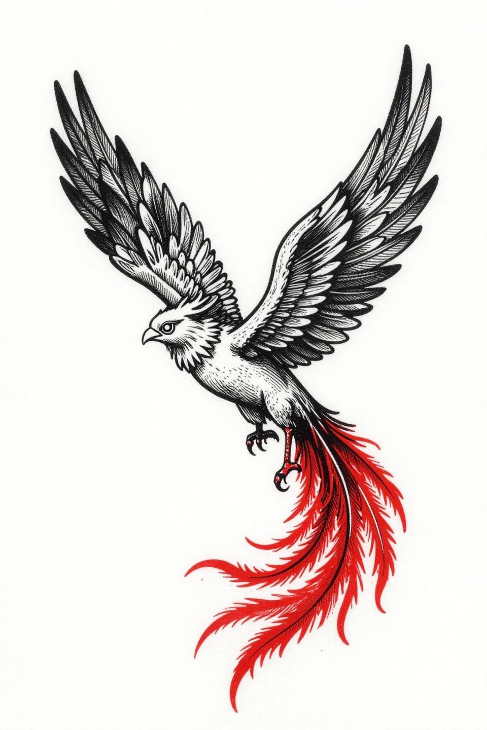 mini tattoo etching woodcut phoenix flash, parallel line engraving hatching, crosshatch shadow detail, crimson red accent on solid black ink, mid-ascent wing profile on white paper