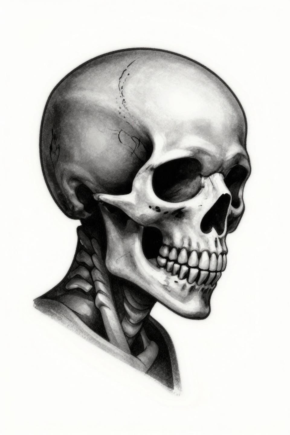 mini tattoo chicano grey wash raven skull flash, strict profile single curved beak, whip shading gradient dense black to open white, asymmetric placement on white paper