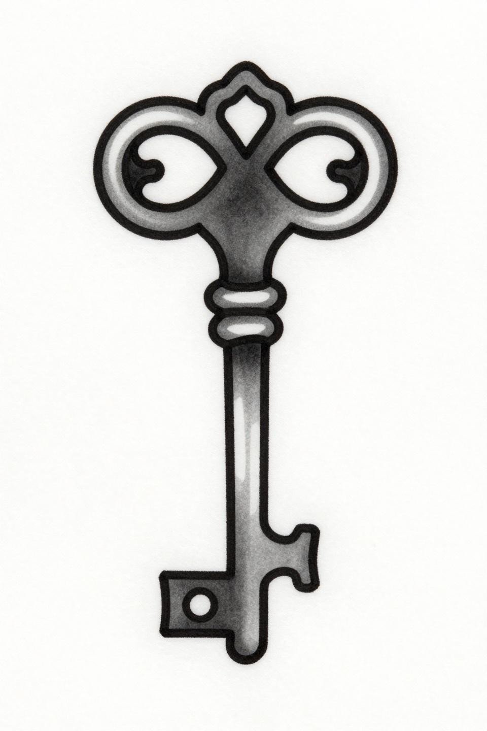 mini tattoo neo-traditional skeleton key flash, ornate scrollwork bow crown, bold 2-3pt black outlines, grey wash midtones for dimensional detail, circular teeth shaft on white paper