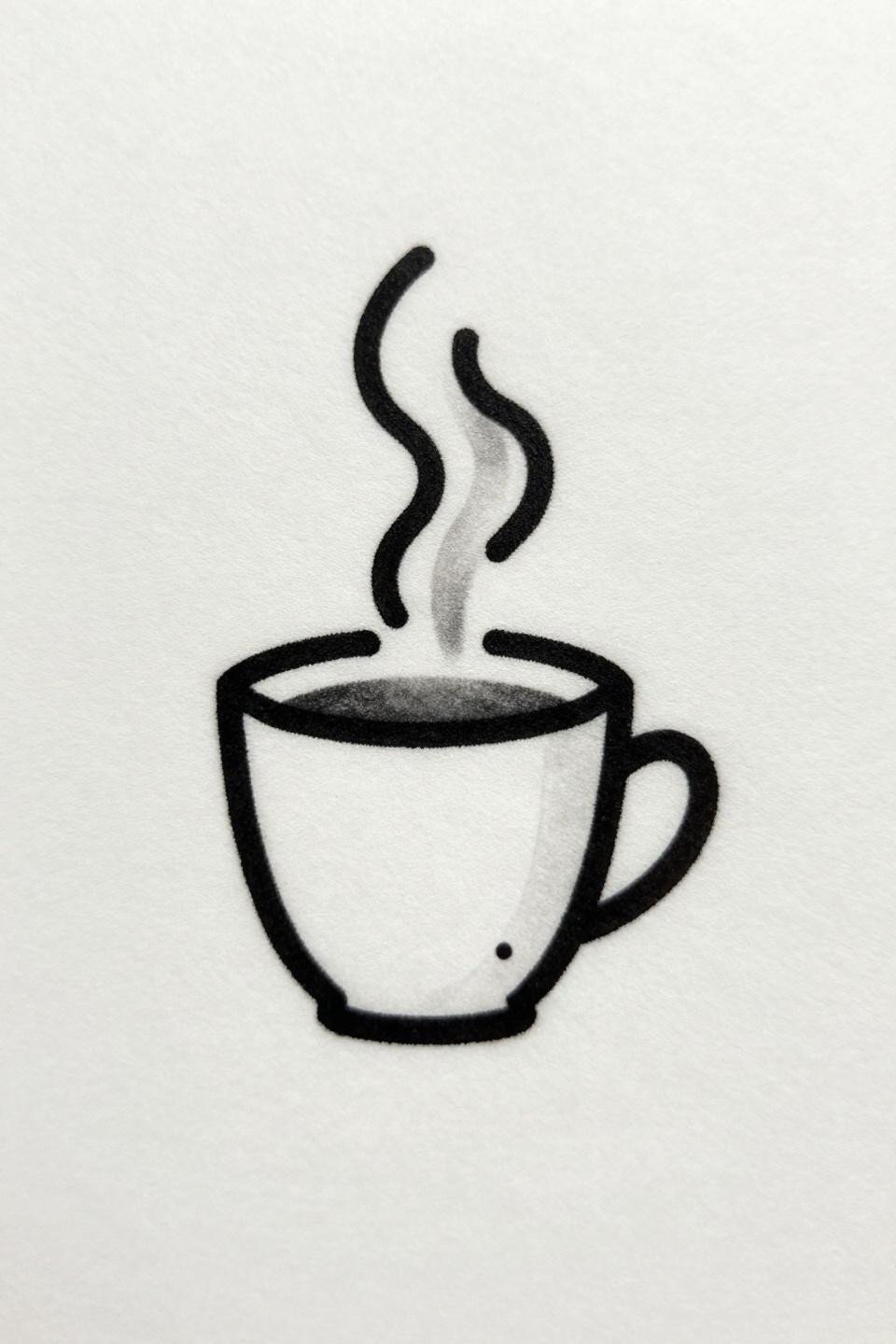 mini tattoo ignorant style teacup flash, deliberately imperfect wobbly outlines, bold 2-3pt irregular black lines, flat black fill sections, loose steam curl grey wash on white paper