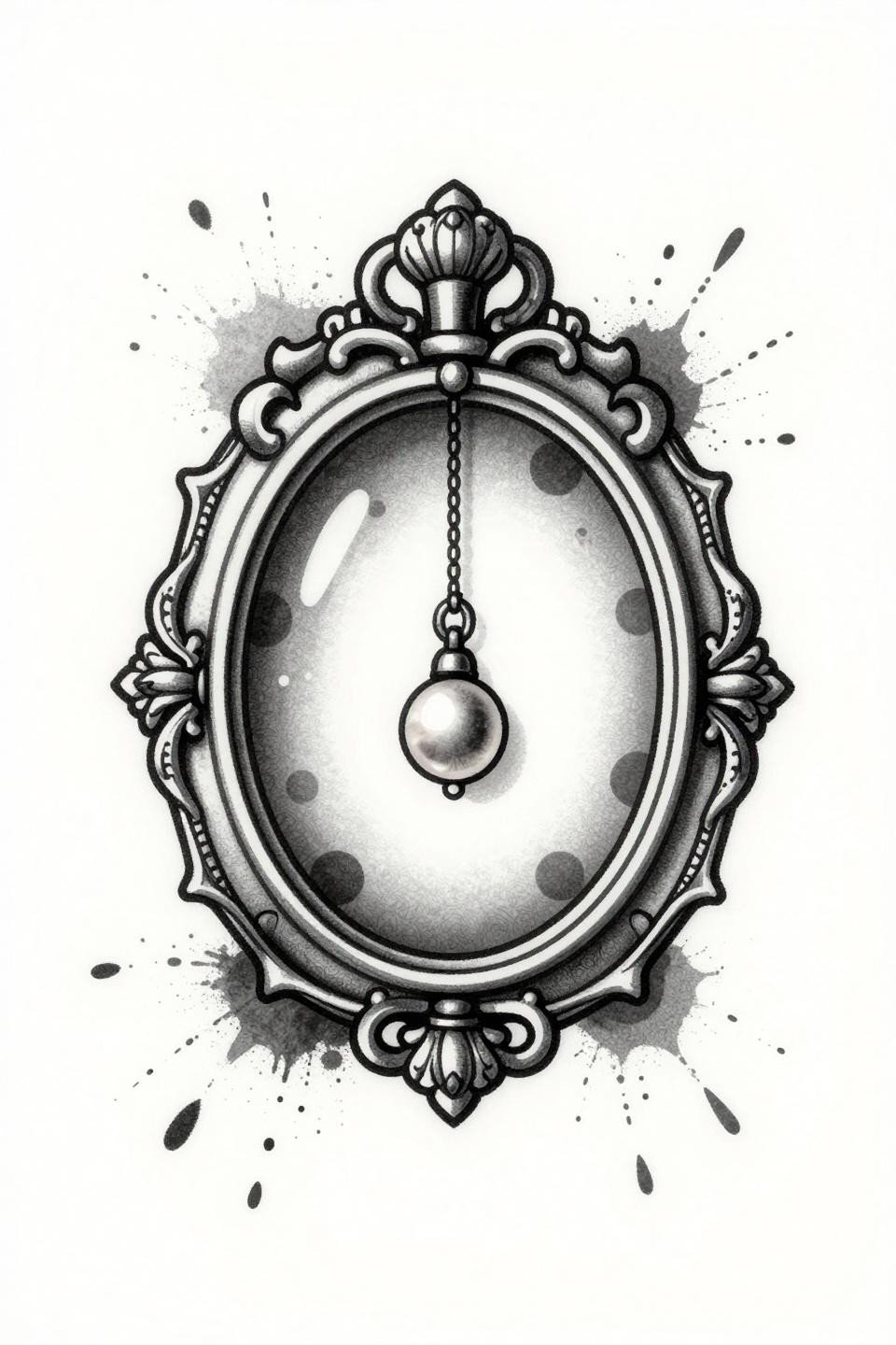 mini tattoo trash polka style antique locket flash, ink splatter bursts, bold 2-3pt black outlines, flat fills colliding with abstract splatter marks on white paper