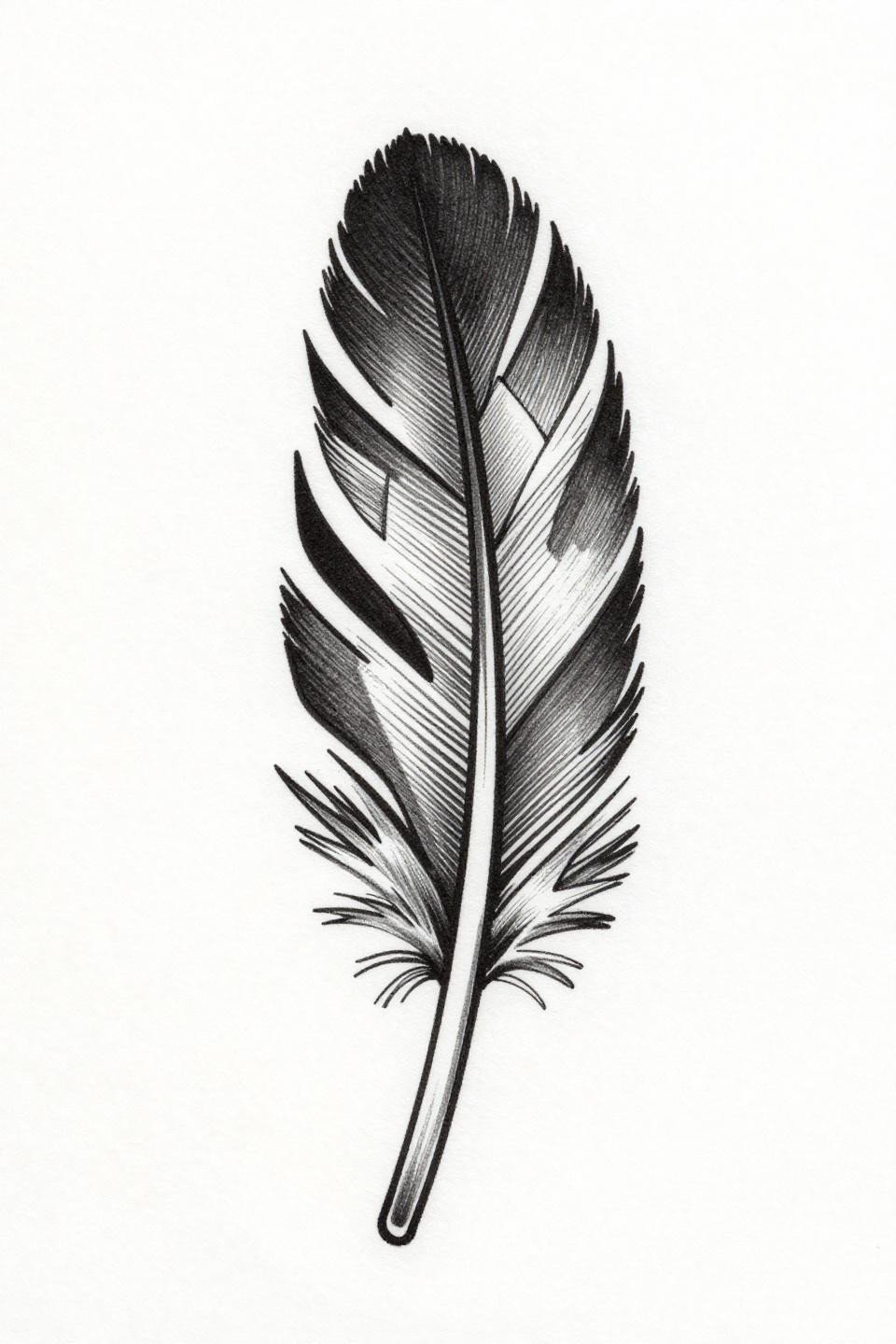 mini tattoo tribal geometric feather flash, alternating solid filled and negative space triangles, bold 2-3pt black outlines, parallel line engraving hatching, no grey wash on white paper
