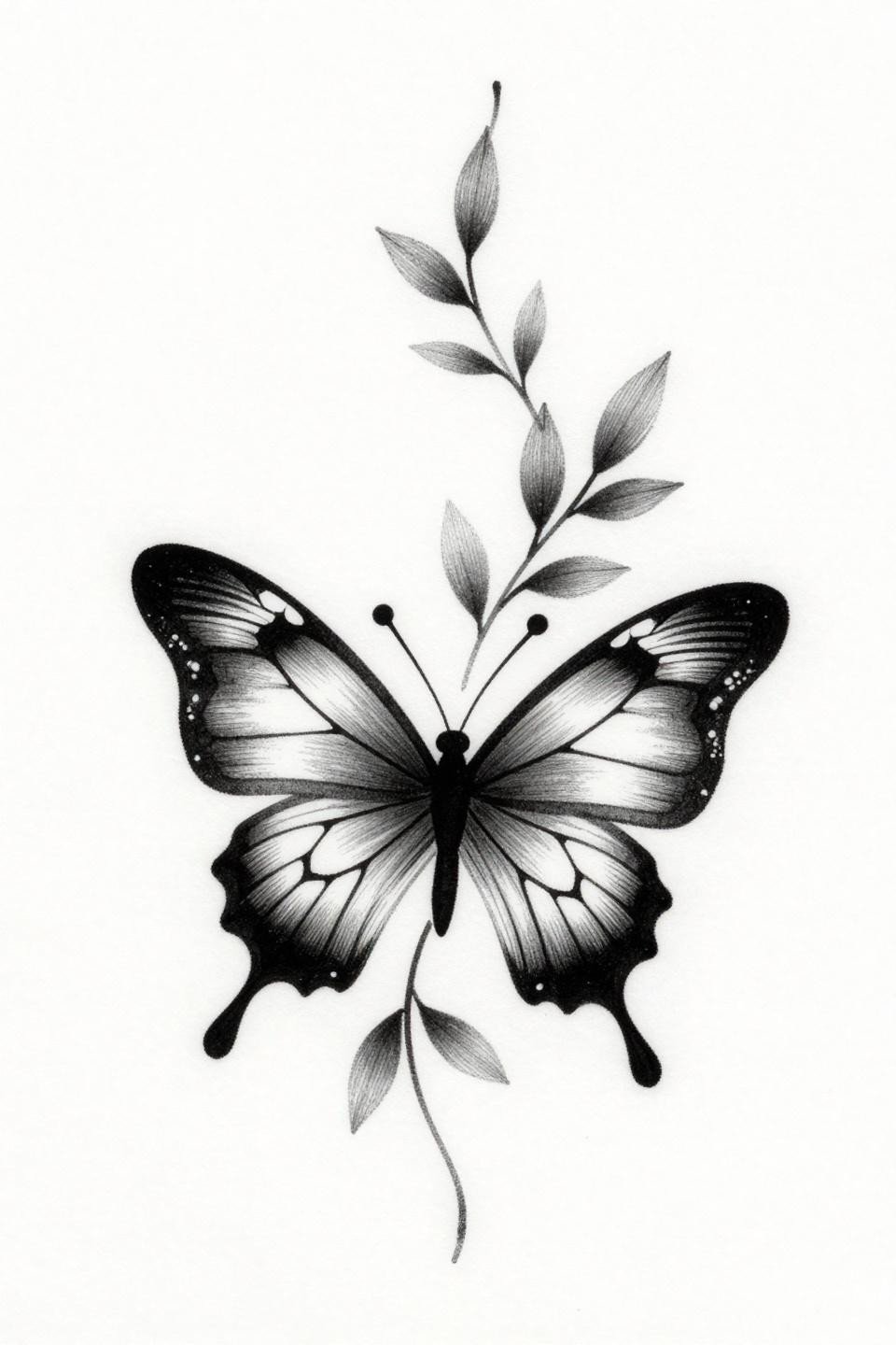 minimal mehendi butterfly tattoo flash, neo-traditional style, parallel hatching wing fills, whip shading grey wash volume, asymmetric vine tendril descent