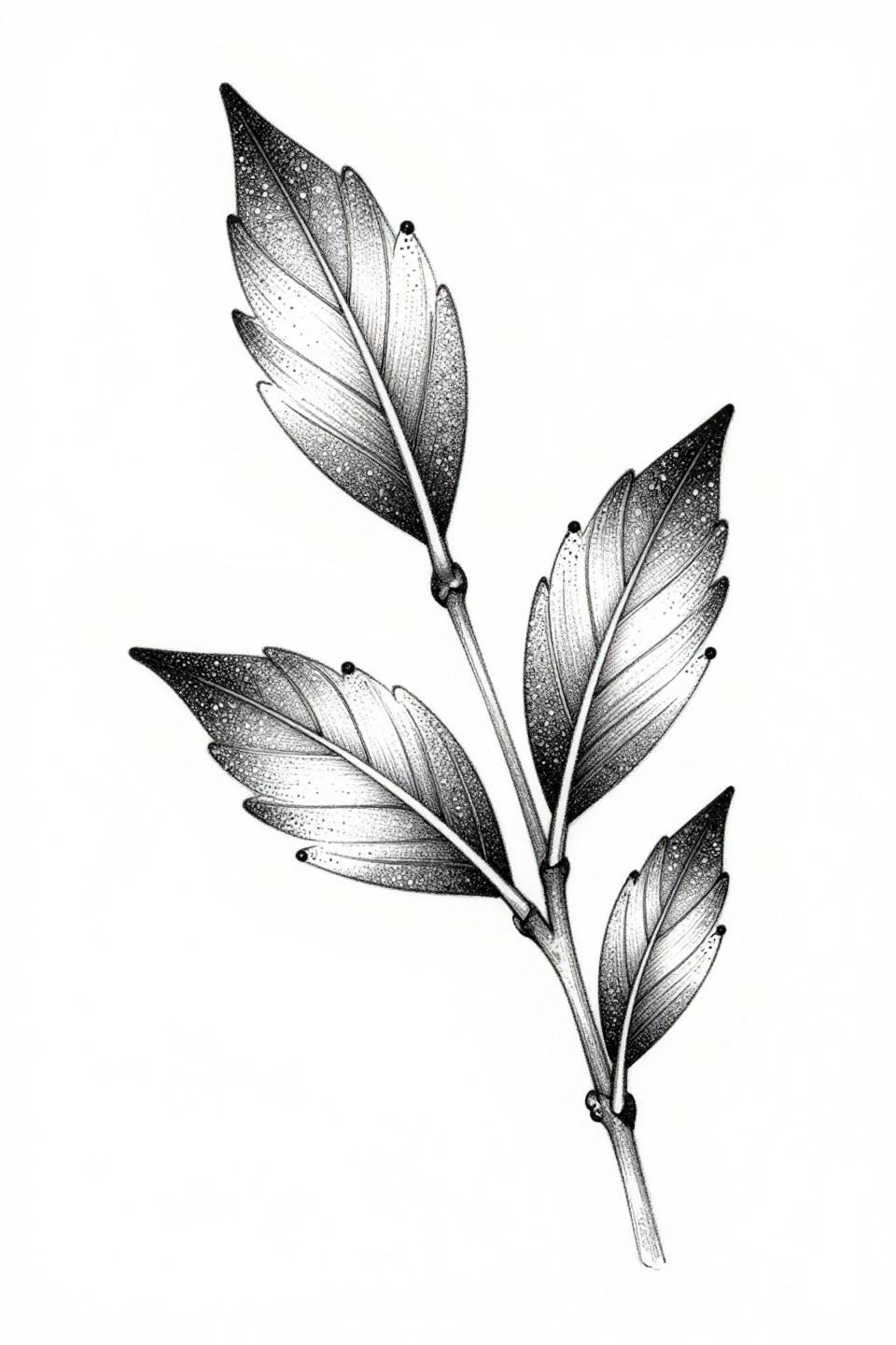 aesthetic mehendi designs botanical vine flash, scientific illustration style, stipple dotwork dense micro-dots at leaf nodes, asymmetric diagonal flow, generous negative space, grey wash dilution