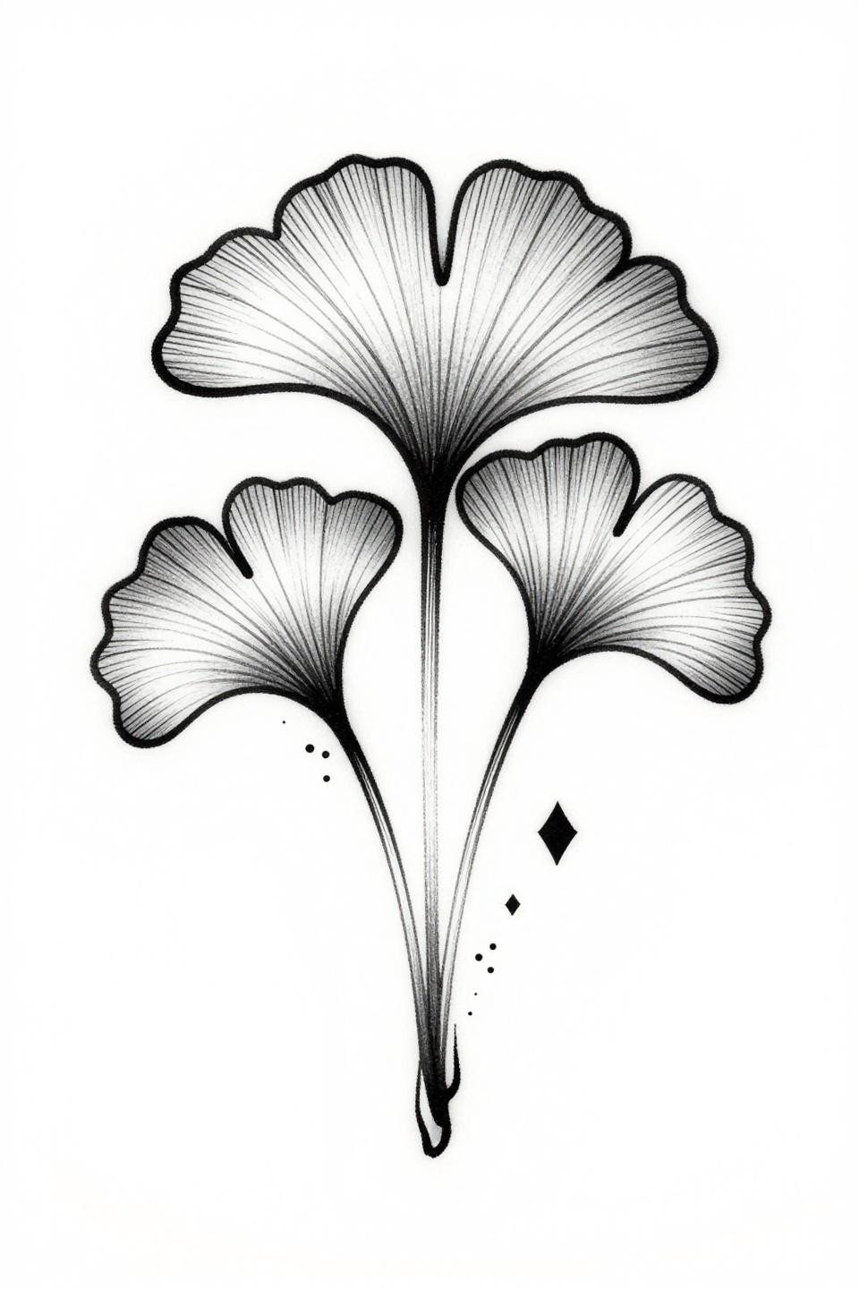 minimal mehendi designs ginkgo flash, art nouveau style, bold 2-3pt outlines bilateral symmetry, flat ink fills with grey wash midtones, dot cluster accent