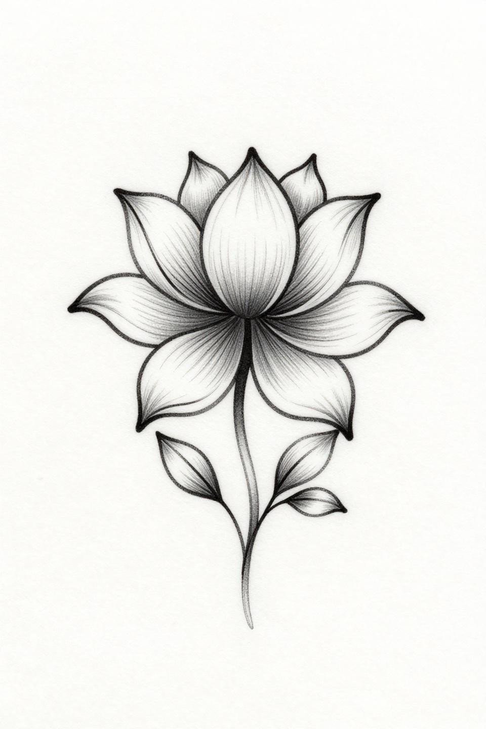 aesthetic mehndi designs lotus fine line flash, hairline 0.5mm single-needle strokes, four symmetrical petals bilateral symmetry, vine scroll stem, maximum negative space composition