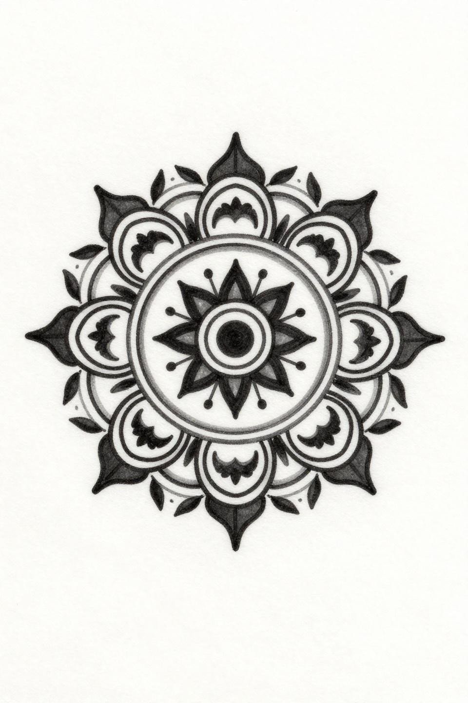 mehendi designs for hands simple mandala flash, tribal geometric style, bold 2-3pt outlines flat fills, four radiating petals open negative space, concentric circle perimeter ring